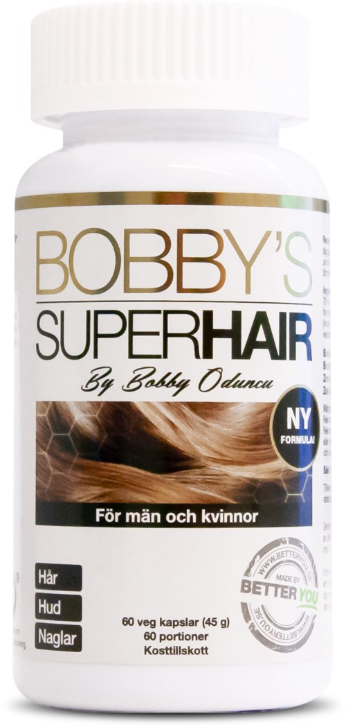 Bobbys Super Hair kosttillskott för män och kvinnor, i vit flaska med vit kork, och text om hårfördelar.