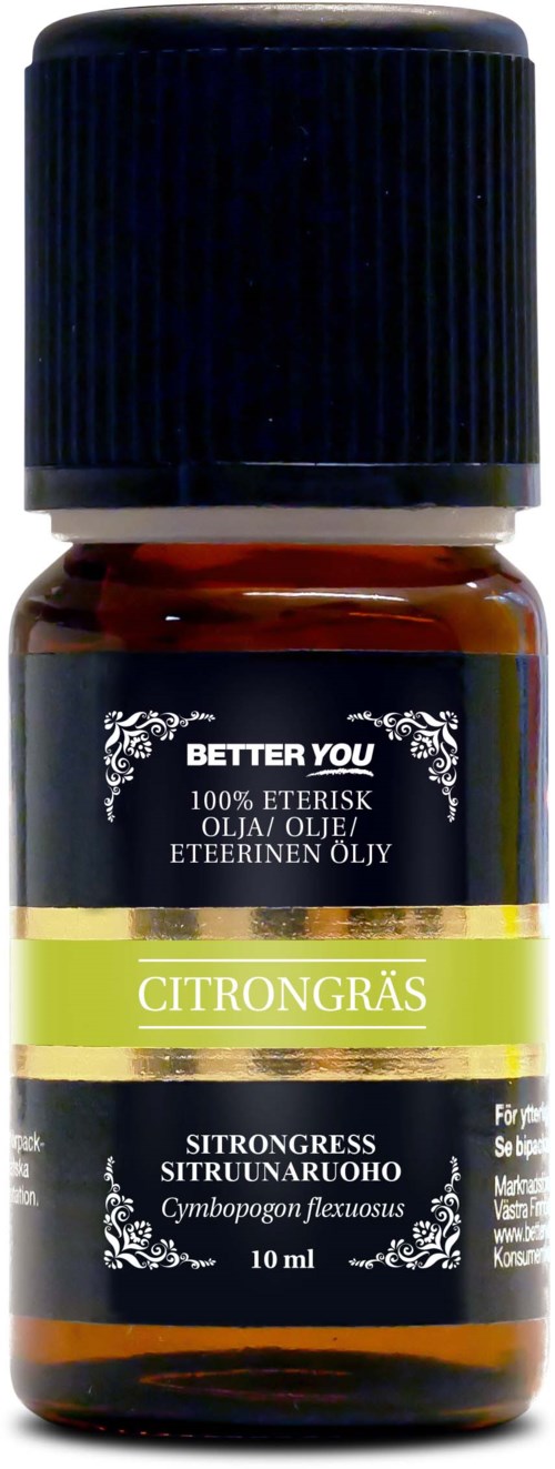 Pieni ruskea pullo mustalla korkilla, merkinnällä 'Citronellal' ja 'iemeellinenÖljy' rentoutukseen ja aromaterapiaan.