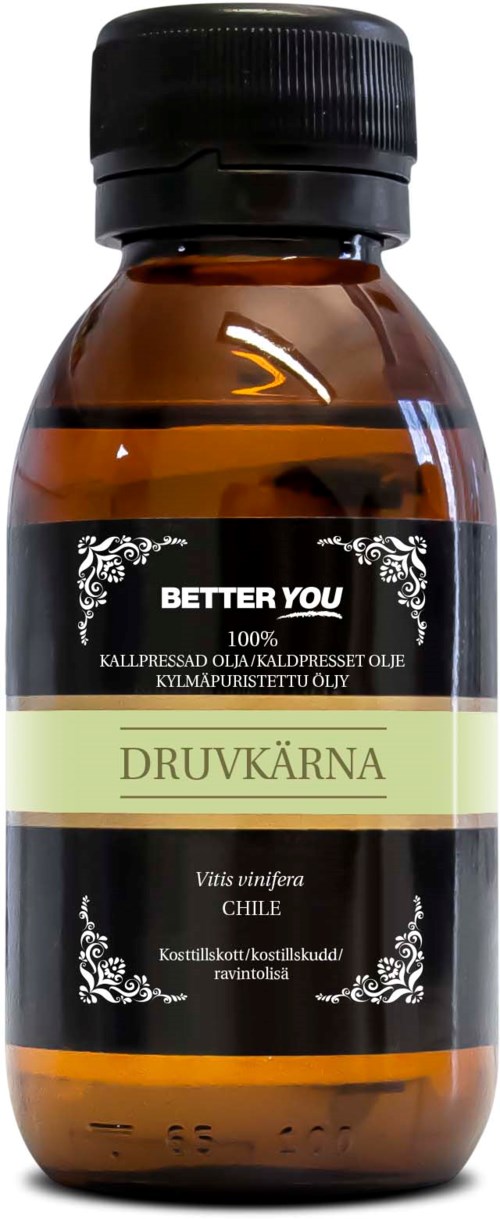 En liten brun flaske med svart lokk, merket 'Better You' og 'Druvkärna', laget i Chile, inneholder urteolje.