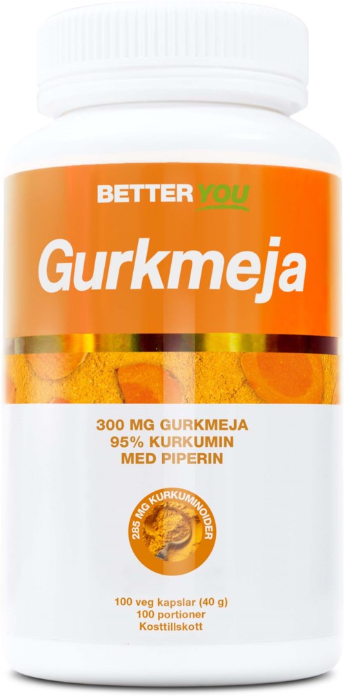 En vit flaska med orange etikett som heter 'Gurkmeja' och innehåller 100 kapslar med gurkmeja och svartpeppar.