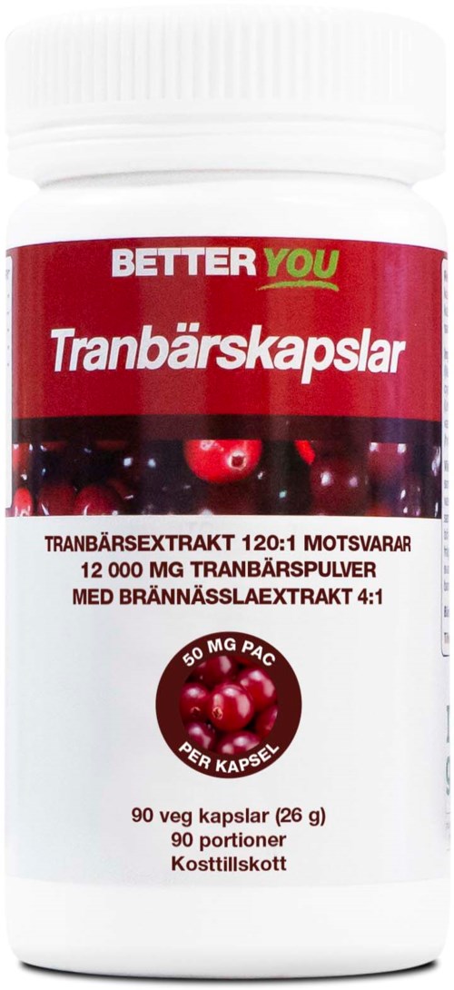 Flaska med tranbärsextraktkapslar med röd och vit etikett, visar tranbär och produktinformation.