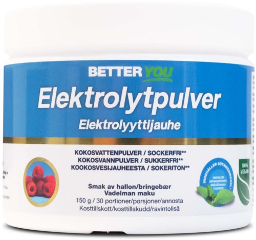 En vit behållare med blå etikett som visar hallon och mynta bilder, text på flera språk om elektrolytpulver.