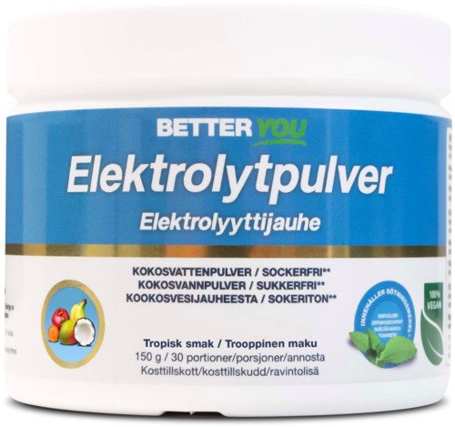 En blå og hvit beholder merket 'Elektrolyttpulver' med bilde av kokos og frukt, egnet for sport eller restitusjon.