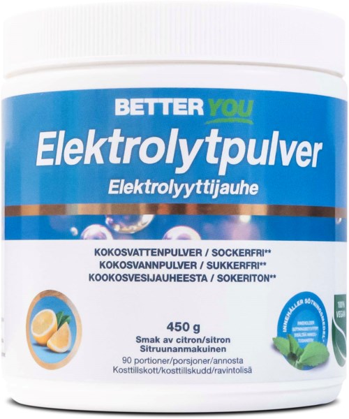 En beholder med elektrolyttpulver med sitronsmak, 450 gram, i en blå og hvit pakke.