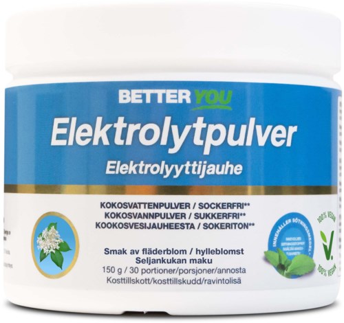 Förpackning med elektrolytpulver med blå etikett, grön kontrollmärke och en bild av en blommande växt.