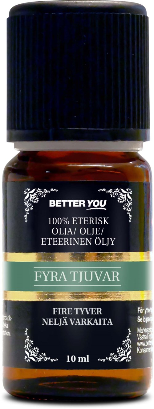 Small brown bottle with black cap, labeled "Better You" and "Four Thieves" for essential oil. Contains 10 ml.
