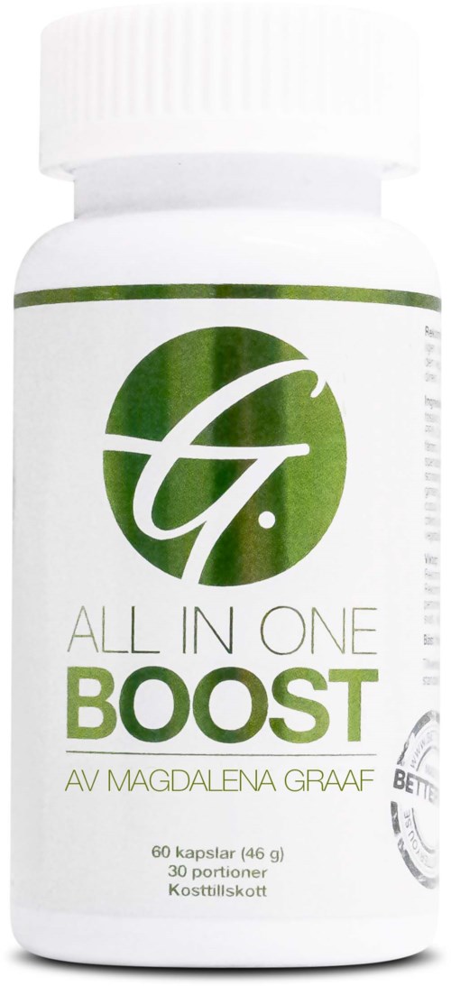 En vit kosttillskottsflaska märkt 'All In One Boost' av Magdalena Graaf, innehållande 60 kapslar.
