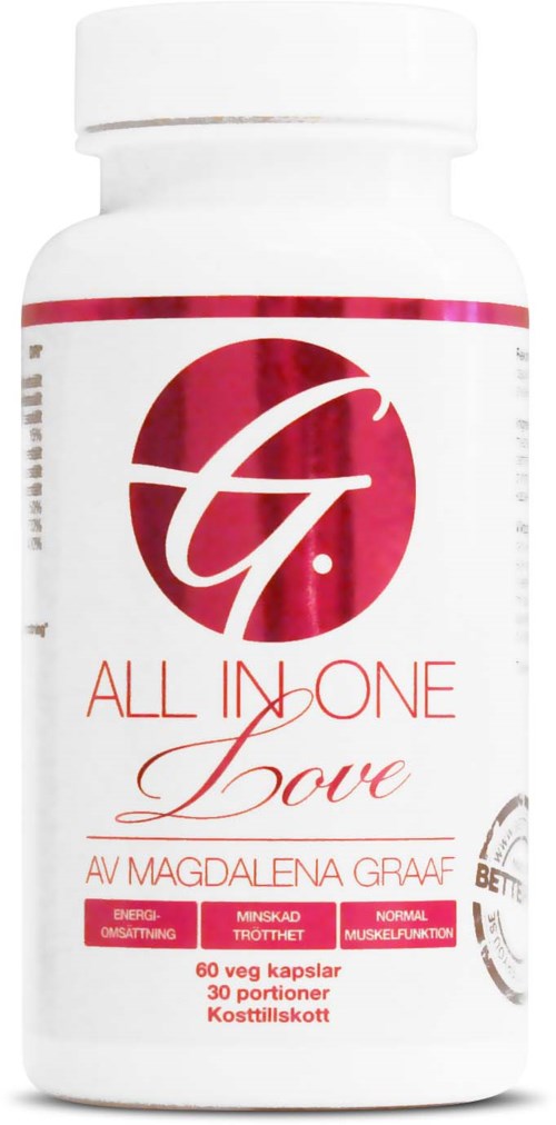 En vit flaska med röd och rosa etikett, kallad "All In One Love" av Magdalena Graaf, för hälsa eller skönhet.