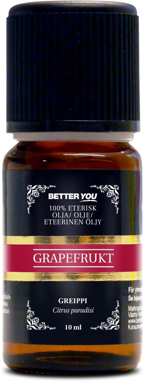 Liten brun flaske med svart lokk. Etiketten sier 'Grapefruit' og 'Citrus paradisi'. Inneholder eterisk olje eller duftstoff.
