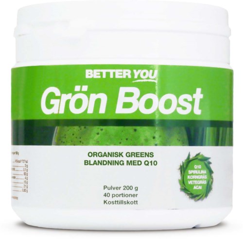 A green and white container labeled 'Grön Boost,' containing organic greens powder, weighing 200 grams, for 40 servings.
