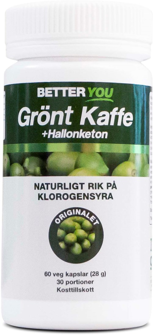 En vit flaska med grön- och svart etikett, visar kapslar, kallad "Grönt Kaffe +Hallalketon," för hälsovinster.