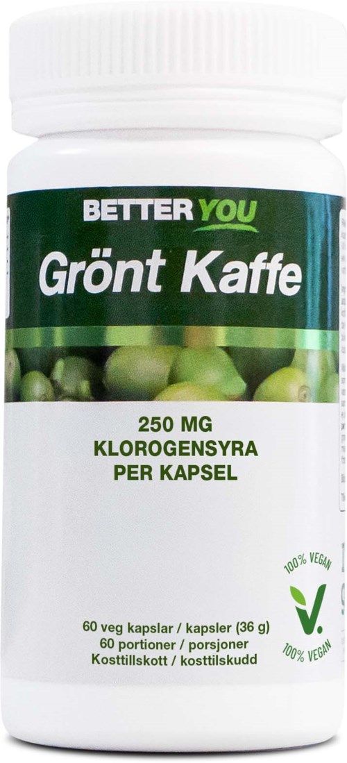 A bottle labeled Better You Green Coffee with 250 mg chlorogenic acid capsules, vegan, contains 60 capsules.