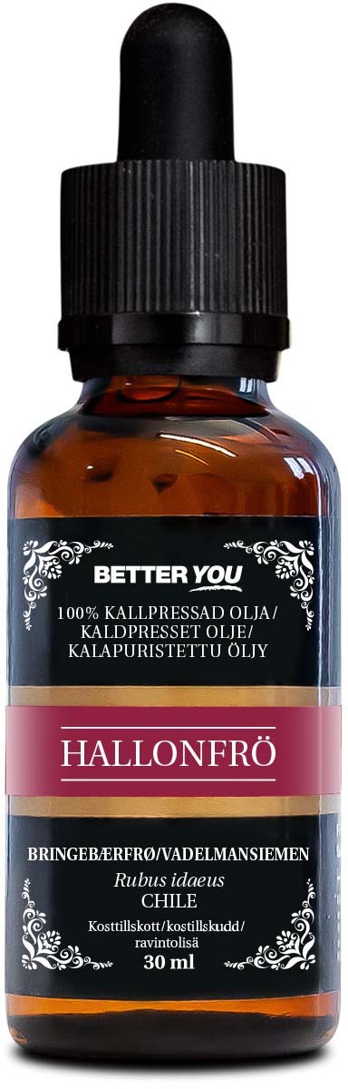 En liten brun flaske med svart droppelokk som inneholder urteolje, merket 'Hallonfrö' fra Chile, 30 ml.