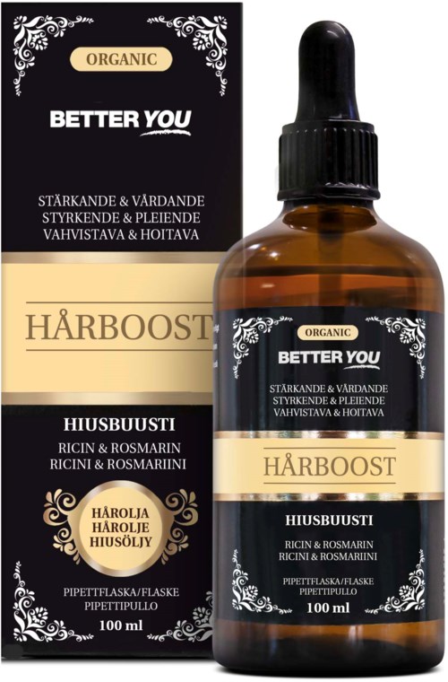 En brun flaska med örtolja och pipett, märkt 'Harboost' och 'Organic,' tillsammans med samma förpackningsbox.
