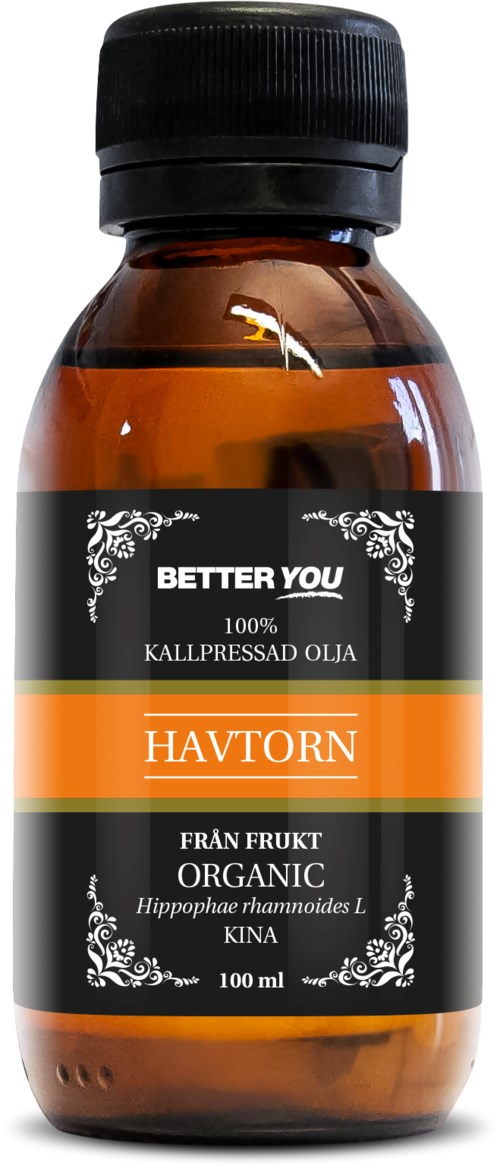 En lille brun flaske med sort låg, indeholdende en væske kaldet 'Havtorn' lavet af økologisk frugt.
