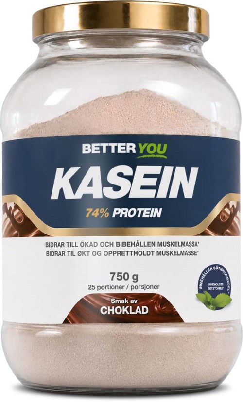 Een pot met proteïnepoeder genaamd Kasein met chocoladesmaak, 750 gram, geschikt voor 25 porties, met gouden deksel.