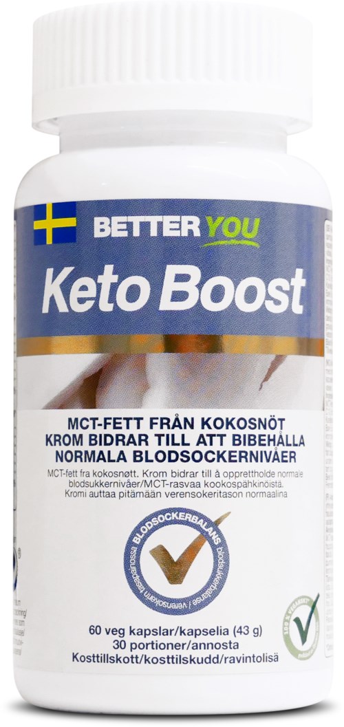 Flaska med kosttillskott som heter Keto Boost med svensk flagga på etiketten och en checkmark.