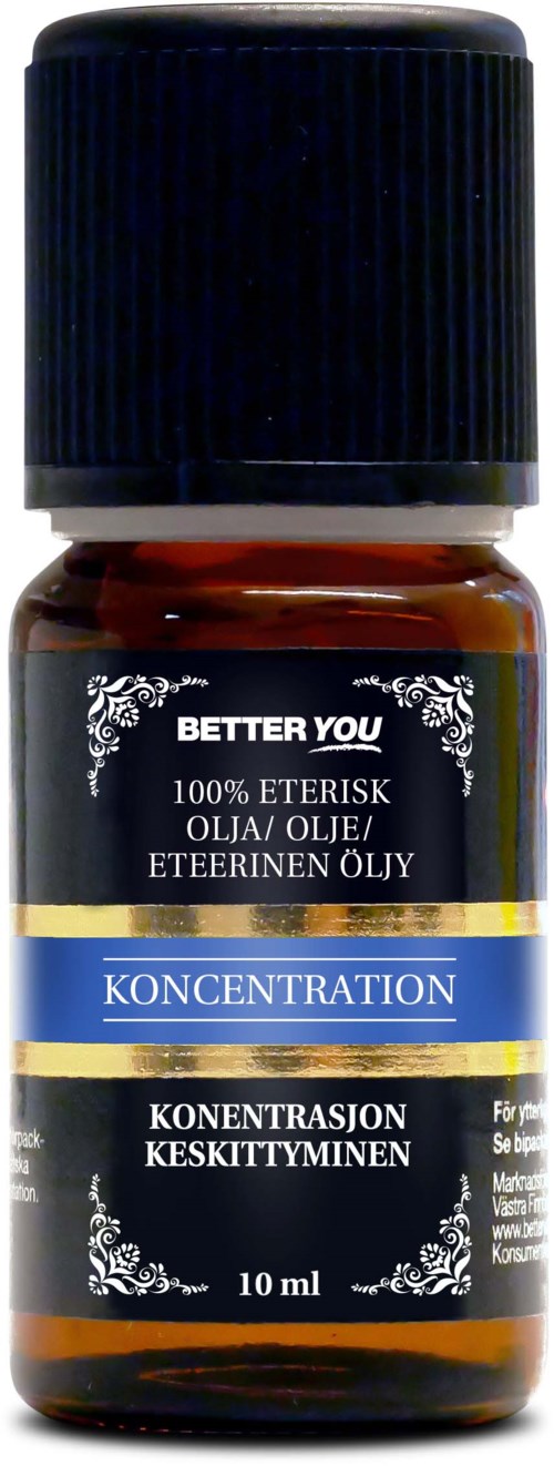 Liten brunsflaske med svart lokk, merket med produktinformasjon og merkenavn, Better You.