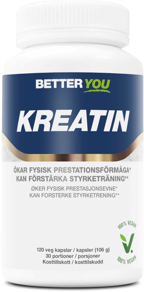 En vit flaska med en blå och grön etikett som säger KREATIN, främjar fysisk styrka och prestation.