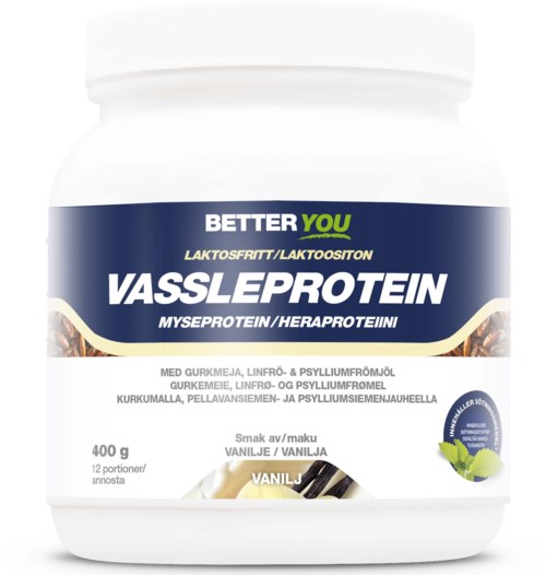 En hvit beholder med vaniljesmakende proteinpulver med blå og grønne detaljer, 12 porsjoner, 400g.