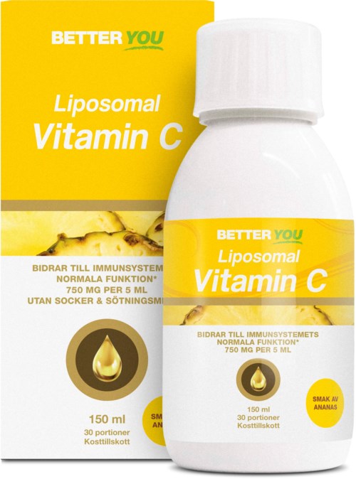 Liposomal Vitamin C-tillskott i en vit flaska med gul och vit etikett, inklusive en droppgrafik och ananasarom.