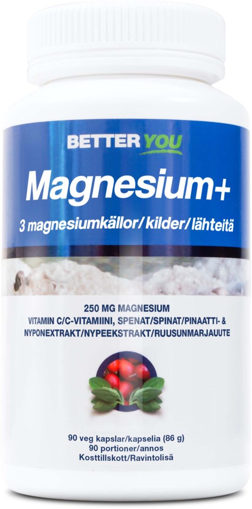 A white bottle labeled 'Magnesium Plus' with blue and green text, showing it contains 250 mg magnesium and fruit extract.