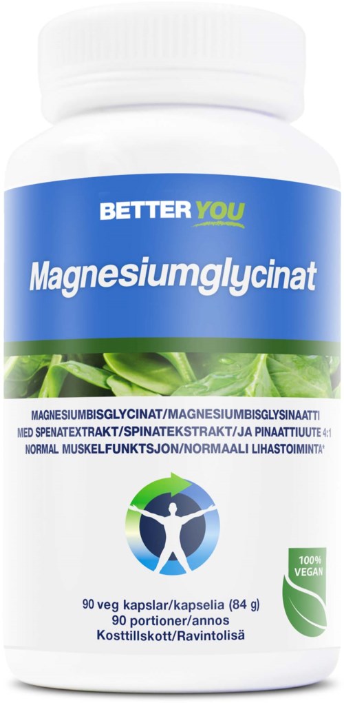 En vit flaska med etiketten "Magnesiumglycinate" med blå och gröna detaljer. Innehåller 90 veganska kapslar för muskelhälsa.
