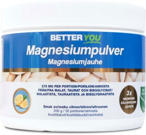 Een witte container met label 'Magnesiumpoeder' met tekst in meerdere talen en een citroensymbol.