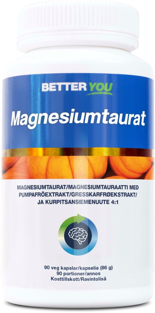 Een witte fles met label 'Magnesiumtaurat,' met blauw en groen ontwerp, en een afbeelding van amandelen.