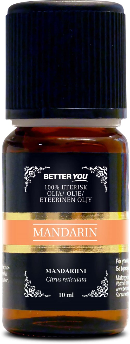 Kleine bruine fles met zwarte dop, gelabeld als mandarijn etherische olie, 10 ml, voor huid en aroma gebruik.