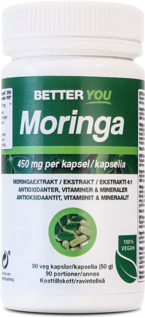 Moringa-kapseleita sisältävä pullo, merkinnällä 'Better You', vihreä ja valkoinen väri, osoittaa vegaanius ja antioksidantit.