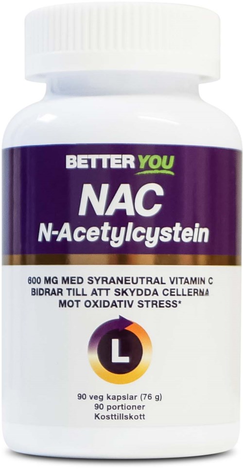 Bottle of dietary supplement labeled NAC N-Acetylcysteine with 90 capsules, purple and white design.
