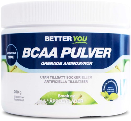 Merkelapp for BCAA-pulver med eple og flidem, inneholder aminosyrer for muskelrestitusjon, 250g.