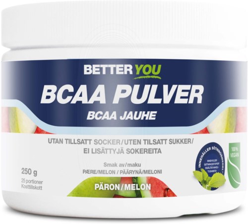 BCAA-pulverbeholder med melon-smak, uten sukker, vegansk og 250g.