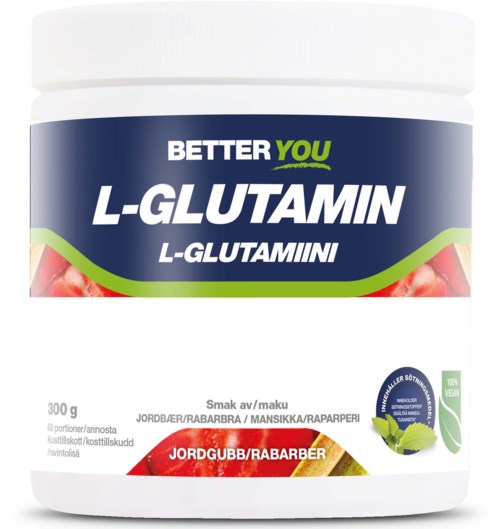 En burk med märket 'Better You' L-Glutamine på 300 g, med jordgubbssmak och bilder av jordgubbar och citronklyftor.