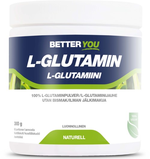 L-Glutamin-tilskudd med grønn og blå etikett, vektlegger naturlige og veganske egenskaper, 300g størrelse.