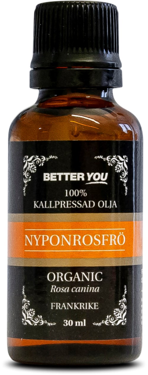 Pieni ruskea pullo mustalla korkilla, etiketti näyttää 'Better You,' luomu ruusu canina öljy, 30 ml, Ranskasta.