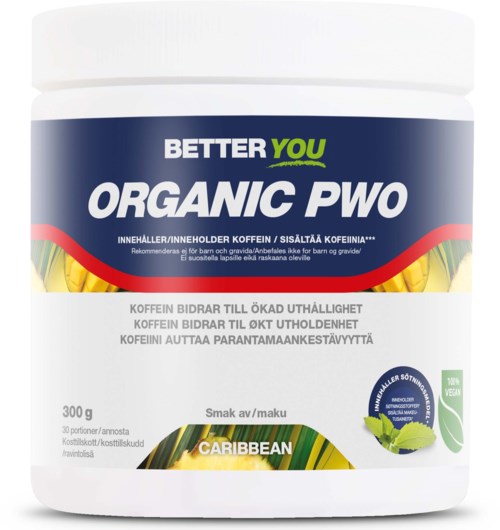 Pakkausmerkki 'BETTER YOU ORGANIC PWO' Caribbean-makuisuudella ja vihreällä lehtisymbolilla, joka edistää lisääntynyttä energiaa ja mielialaa.