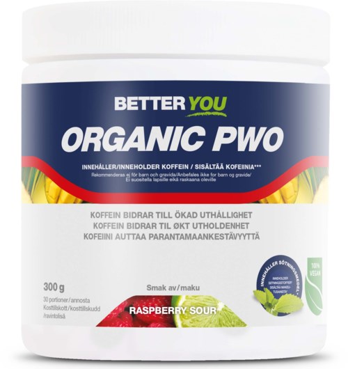 En vit behållare märkt 'Better You Organic PWO' med information om koffein och raspberry sour smaker.