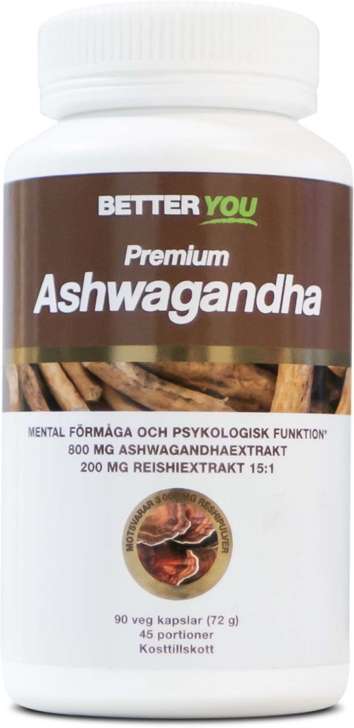En flaska märkt 'Better You Premium Ashwagandha' med 90 kapslar, bilder av rötter och en Ginseng-liknande växt.