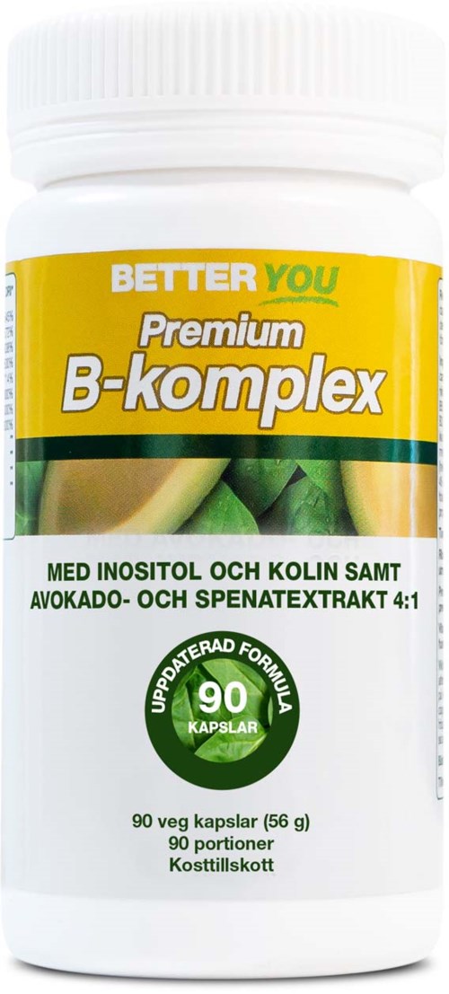 En vit flaska märkt Better You Premium B-komplex med gröna och gula detaljer. Den innehåller 90 kapslar kosttillskott.