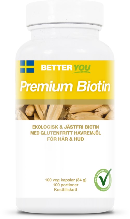 En vit flaska märkt 'Better You Premium Biotin' med en svensk flagga, som påstår att den är ekologisk, glutenfri, för hår och hud.