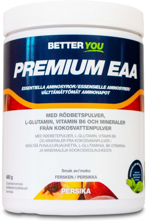 En kosttilskuddsbeholder med navnet 'BETTER YOU PREMIUM EAA' med bringebærsmak, inneholder aminosyrer og vitaminer.