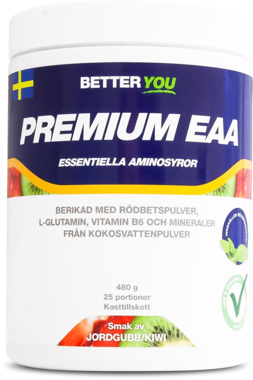 En vit behållare med en etikett som visar Sveriges flagga, produktnamnet 'PREMIUM EAA' och bilder av frukter som jordgubbar och kiwi.