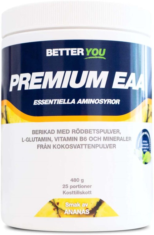 Förpackning av kosttillskott märkt 'Better You Premium EAA' med ananas smak och ingredienser inklusive aminosyror, vitaminer och mineraler.