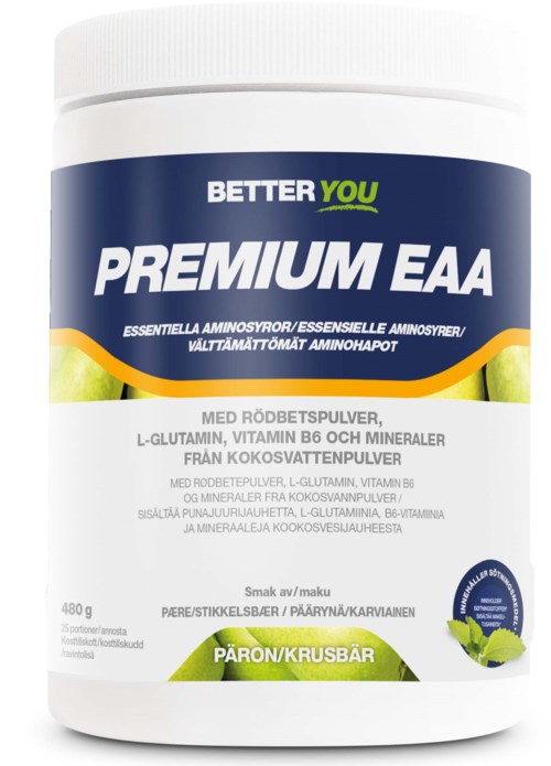 En vit behållare med etiketten 'Premium EAA' i blått och gult, innehållande hallon/melon smakande kosttillskott.