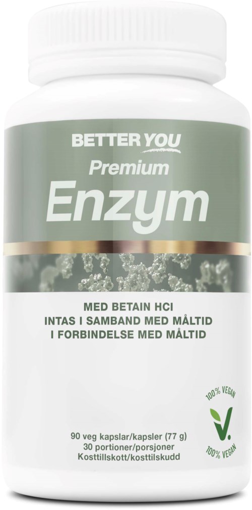A white bottle labeled Better You Premium Enzym with gray label and green details. Describes enzyme capsules, vegan and contains 90 capsules.