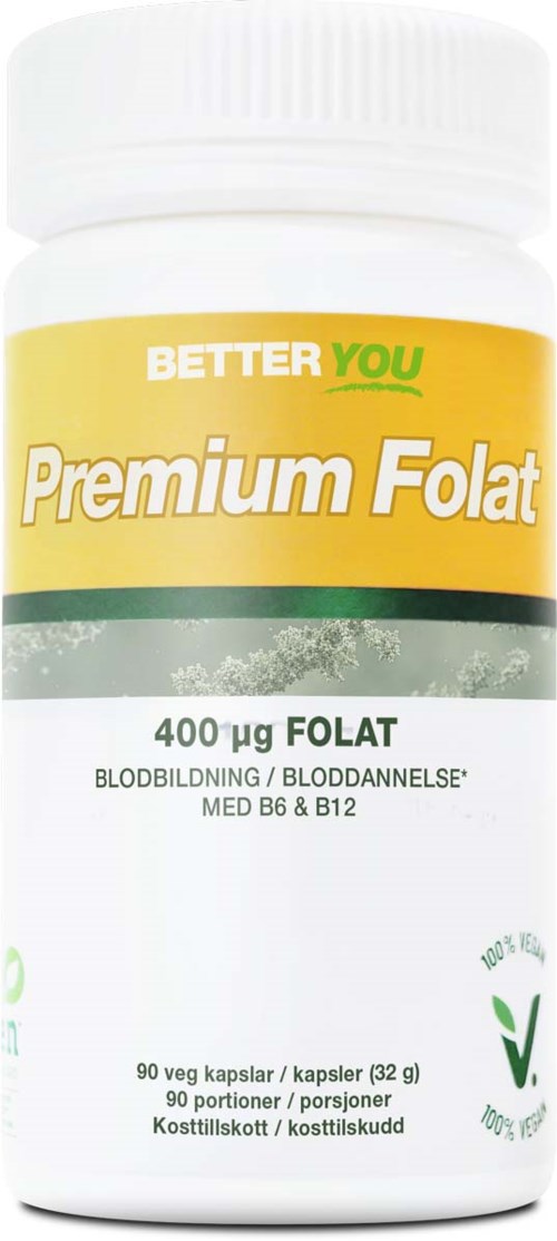 Een wit flesje met geel en groen label voor foliumsupplementen, met tekst over B12 en bloedgezondheid.