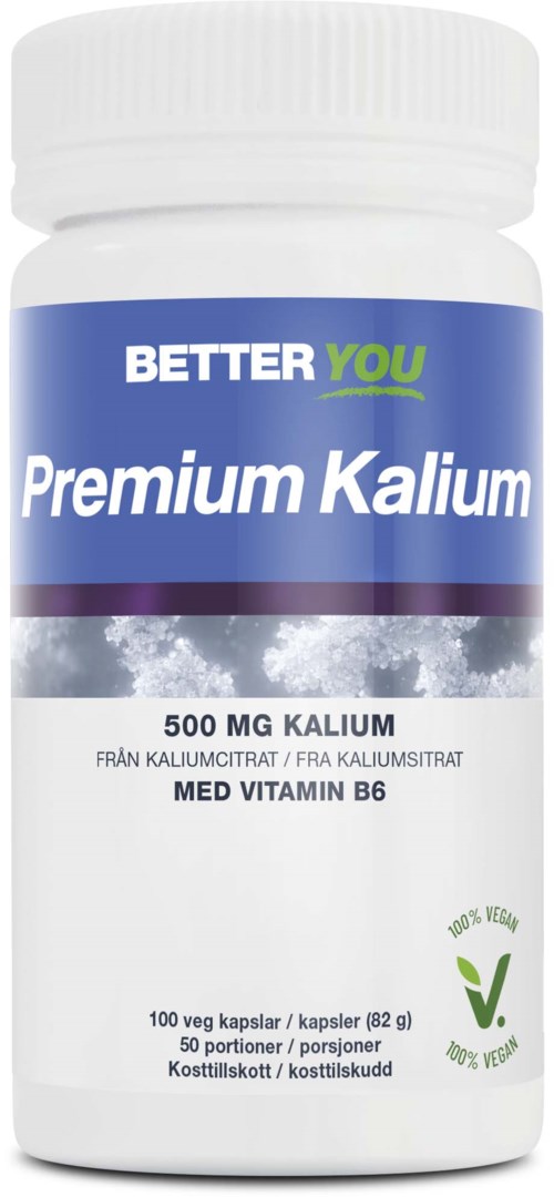 En hvit flaske merket Better You Premium Kalium med 500 mg kalium og vitamin B6. Den sier at den er vegansk og økologisk.