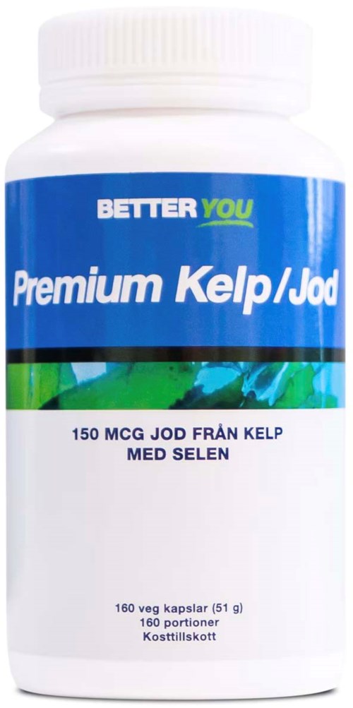En vit flaska med en blå etikett som säger 'Premium Kelp/Jod' och 'BETTER YOU'. Den innehåller 160 kapslar med jod från kelp.